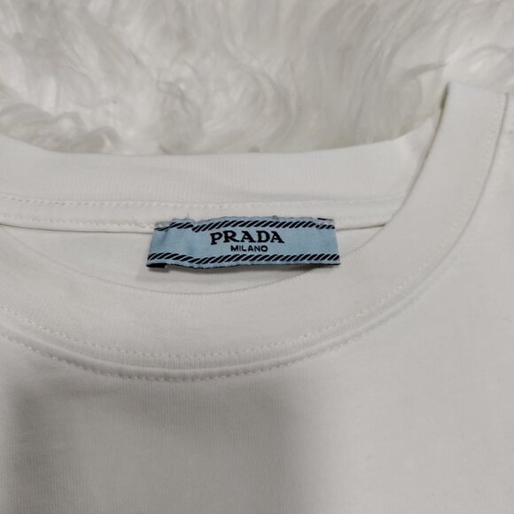Prada Milano White Logo Patch Crewneck Short Sleeve Casual T-Shirt Men's Medium - Picture 6 of 12